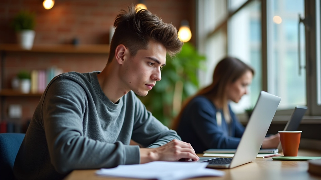 Student at laptop working with spreadsheet, focused on screen with notebook nearby, bright desk lamp, comfortable study space