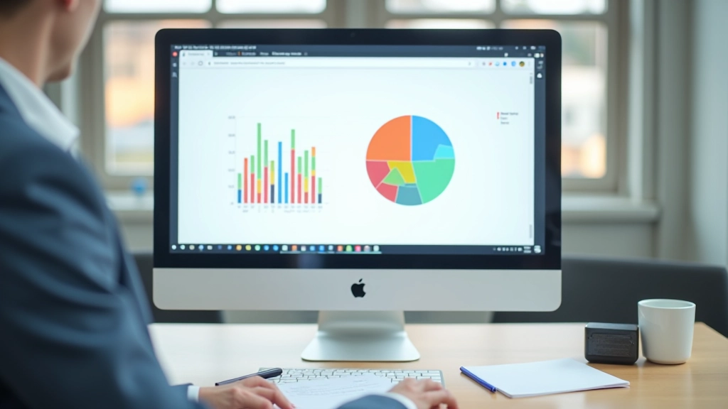 Pie chart displayed on computer monitor showing spending breakdown by category with percentage labels, desk with budget planning materials
