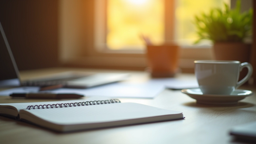 Workspace with notebook and pen, coffee cup on desk, financial planning documents, warm natural lighting from window