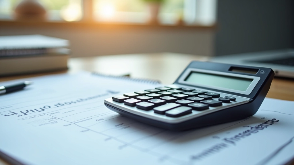 Calculator and financial notebook on desk, expense tracking documents, organized workspace with clear view of calculations