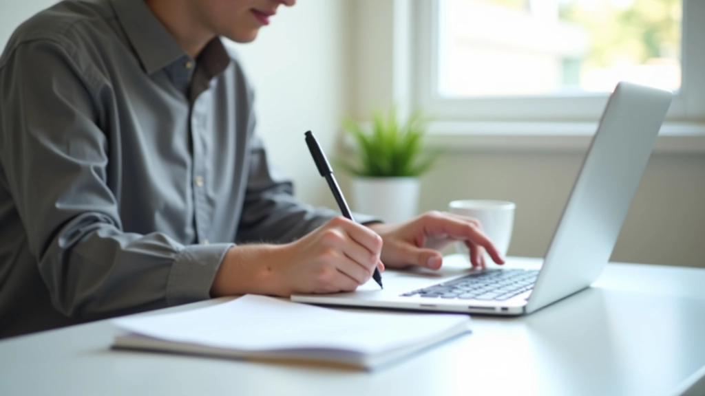 Person at desk with laptop and notebook, pen ready for financial planning, natural daylight, clean minimalist workspace