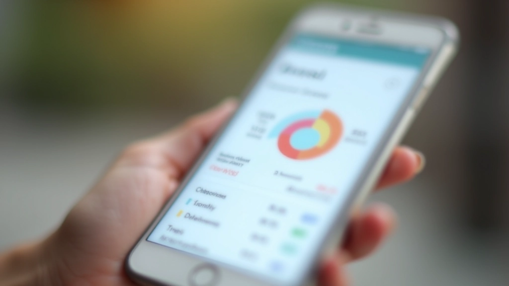 Mobile phone displaying budgeting app interface with transaction list and pie chart