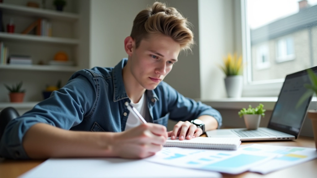 Person writing action plan in notebook with pen, surrounded by budget charts and data printouts on desk