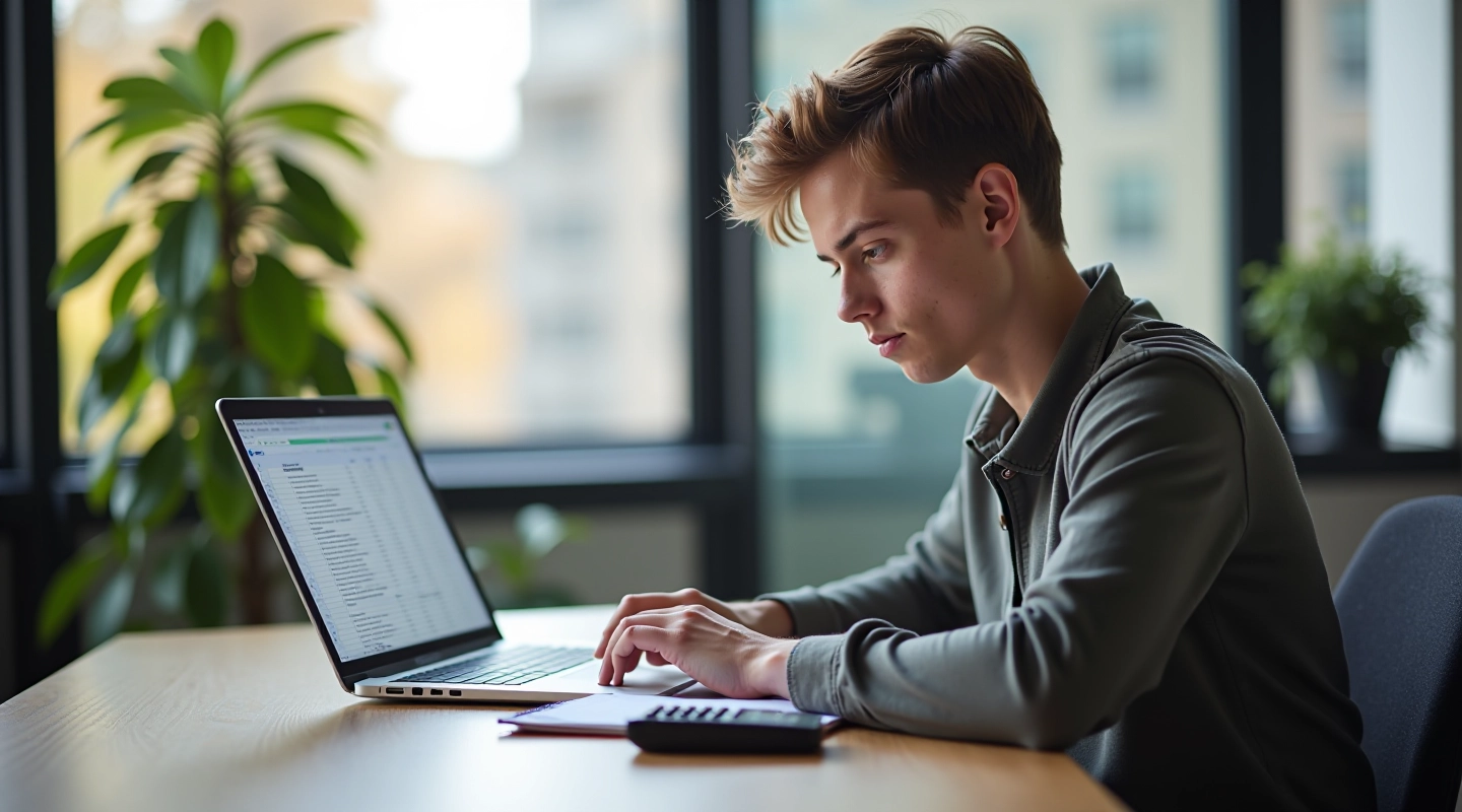 Student at desk with laptop showing spreadsheet with budget data and calculator nearby