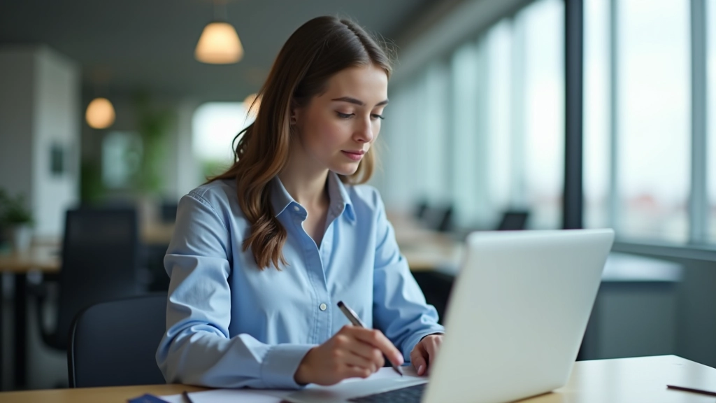 Person reviewing documents and data on laptop, analyzing financial information, focused expression, office setting with good lighting